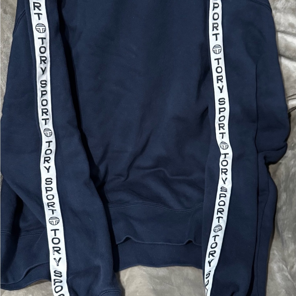 Tory Sport Dark Blue Hooded Sweatshirt with White Logo Stripes